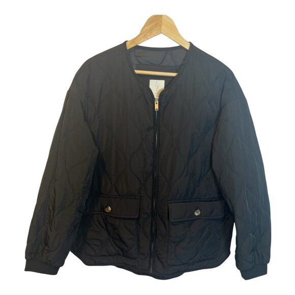 Joie Black Quilted Snap Button Up Bomber Jacket Large Relaxed Fit Lightweight - Picture 1 of 6